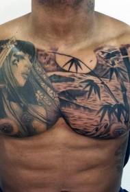 胸部美麗的黑白部落婦女海岸紋身圖案