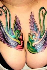 female chest two colored bird tattoo designs