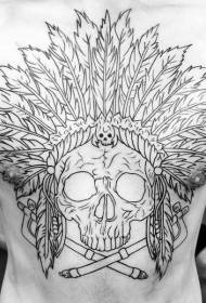 boarst swarte line Yndiaan skull feather tattoo patroan