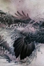 Brusta impona nigra griza krokodilo kun korba tatuaje-ŝablono
