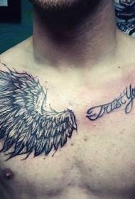 chest simple black wings with letter tattoo pattern