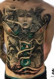 reloj de arena de color elegante y patrón de tatuaje de cráneo de retrato femenino