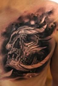 chest black gray style ancient skull tattoo pattern