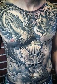 chest and abdomen religious style sculpture pigeon hand tattoo pattern