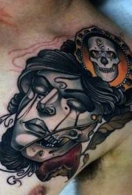 шкриња у школи је насликала смешни ђаволи женски портрет с узорком тетоваже лобање