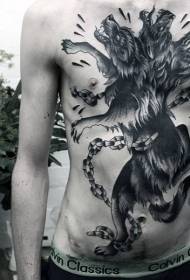 가슴과 복부 구식 검은 괴물 늑대 문신 패턴