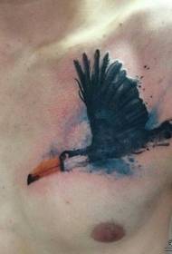 胸部泼墨鸟小清新纹身图案