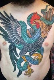 Wzór tatuażu Wielobarwny kogut i wąż walki klatki piersiowej