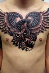 chest traditional style big owl tattoo pattern