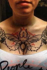 chest Black line insect and rose tattoo pattern