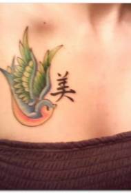 pasăre de piept colorat și model de tatuaj chinezesc