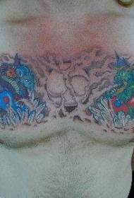 груди синій і зелений малюнок татуювання дракона і місяця