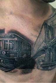 chest Very realistic black gray train tattoo pattern