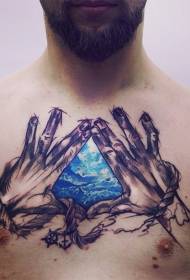 chest spectacular blue Color gemstone and hand tattoo pattern