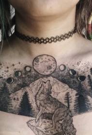 chest night forest with wolf and planet tattoo designs