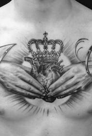amazing Chest black and white hand-held heart and crown tattoo pattern