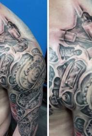 Half-America Black Grey Mechanical Gear Tear Tattoo Pattern