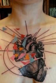 chest cut heart with multicolored triangle tattoo pattern