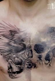Chest skull eye ball wing crow combination tattoo pattern