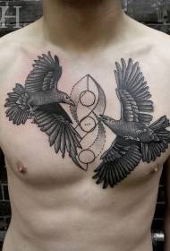 mysterious style black crow chest tattoo pattern