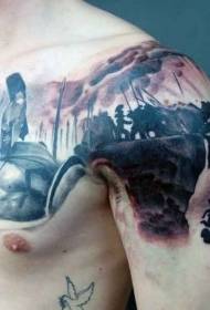 Shoulder and chest black Spartan warrior movie scene tattoo pattern