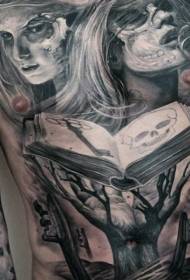 chest black mysterious demon female portrait and magic book tattoo pattern