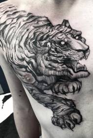 chest realistic black engraving style big tiger tattoo pattern