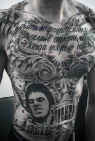грудь живота черные буквы и мужской портрет татуировки