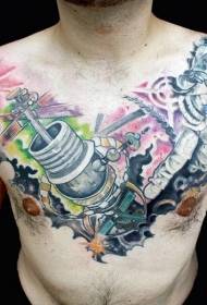 Chest color space space themed tattoo