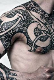Chest and Arm Black and White Totem Armor Tattoo Pattern