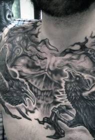 chest mysterious black crow with devil face Tattoo pattern