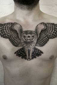 Motif de tatouage magnifique hibou volant noir trois yeux poitrine