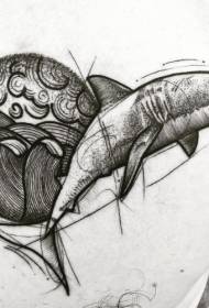 chest Sketch style black shark spray tattoo pattern