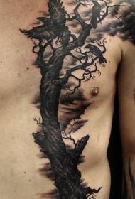 chest and abdomen black lonely tree with crow tattoo pattern