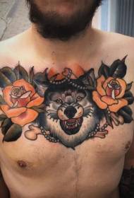 chest new school color rose with evil Wolf tattoo pattern