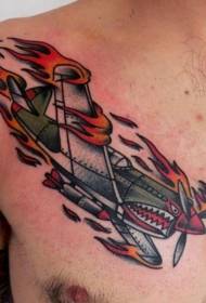 old school color chest burning aircraft tattoo pattern