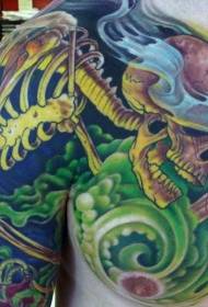 half green fog and cartoon skull skeleton tattoo pattern