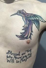 man beautiful hummingbird on the left chest And English word tattoo