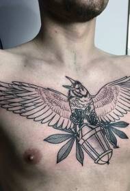 krūtinės juoda linija didelis paukštis su lapo lempos tatuiruotės modeliu