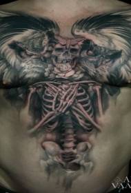 chest impressive black and white skeleton bone and wings tattoo pattern
