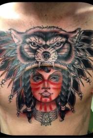 chest modern style color Indian woman with wolf helmet tattoo pattern