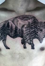 poitrine noir yak yak et paysage de forêt de montagne modèle de tatouage