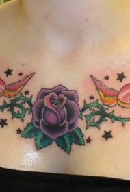 chest purple rose with bird tattoo pattern