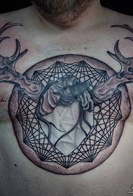 chest European and American antler heart and complex geometric tattoo pattern