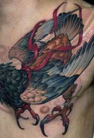 chest new school color bird and red ribbon tattoo pattern