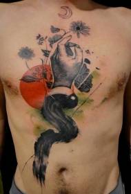 chest surreal style man hand flower and moon tattoo pattern