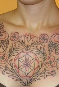 момиче гърдите черна и червена линия растителна птица татуировка модел