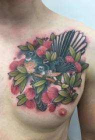 boys chest painted gradient simple lines plants and bird tattoo pictures