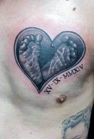 Chest cute commemorative style black heart shape with baby footprint tattoo pattern