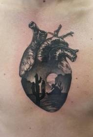 realistic style black chest heart and desert tattoo pattern